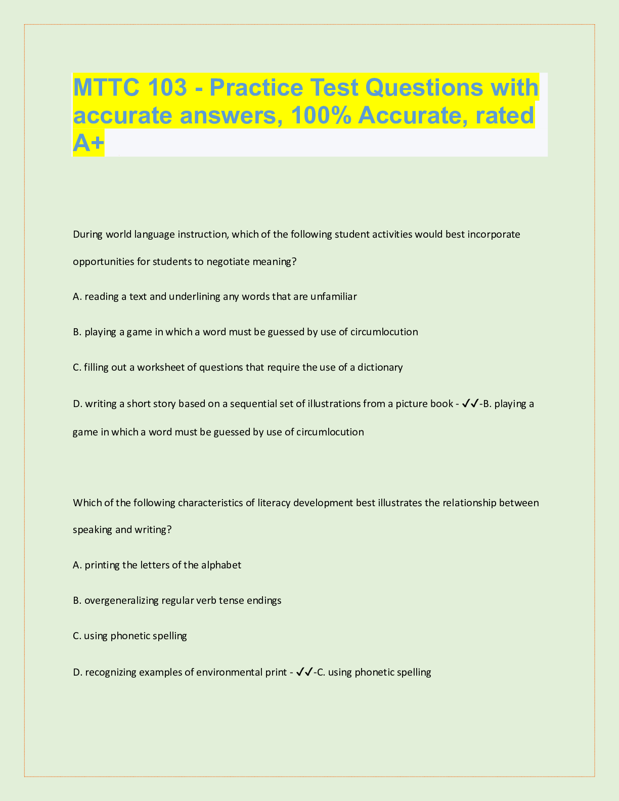 Preview of MTTC 103 - Practice Test | 150 Questions with 100% Correct Answers | Updated & Verified |